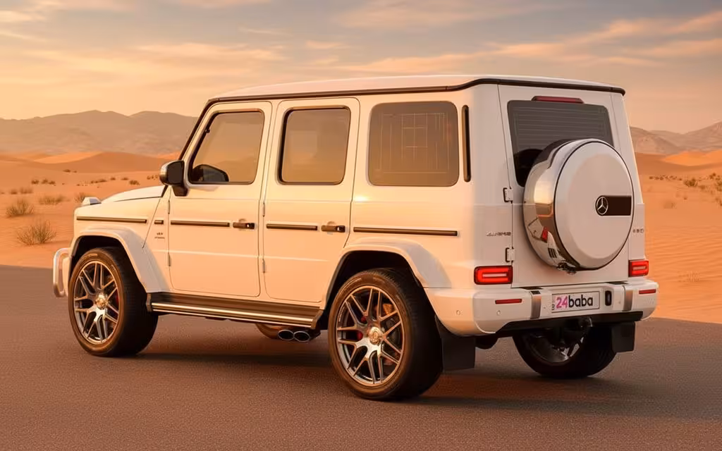 Mercedes G63 2022 White rear view showing taillights – rental in Dubai