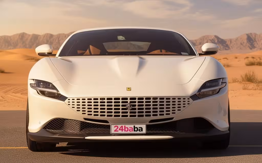 Ferrari Roma 2021 White front view with headlights – rental in Dubai