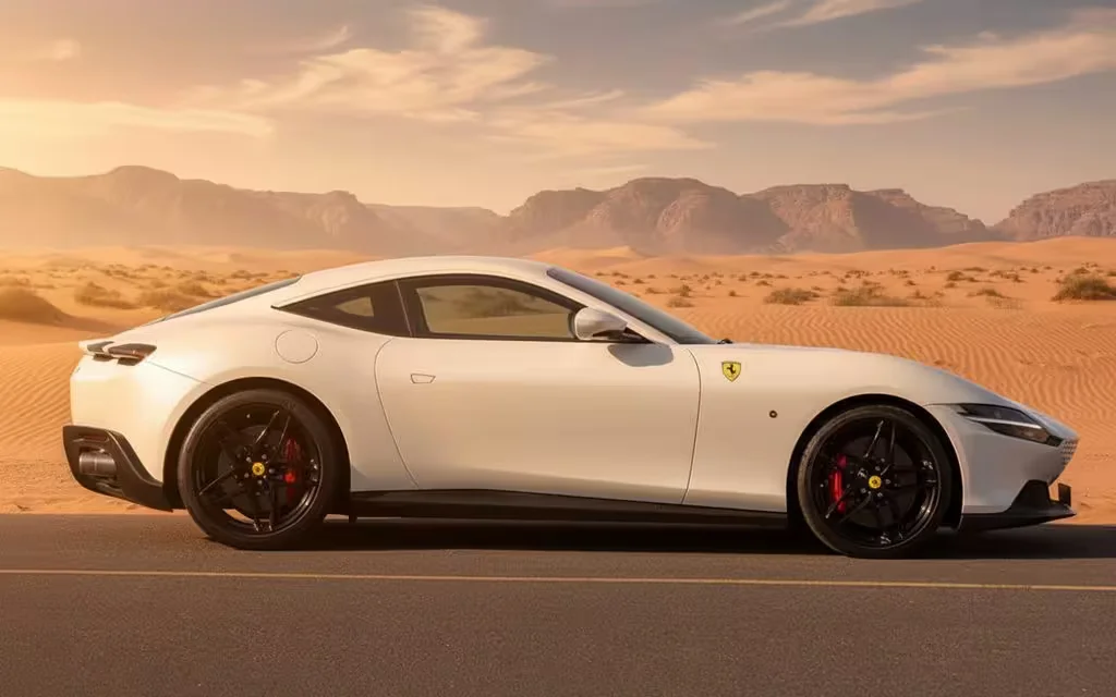 Ferrari Roma 2021 White side profile – rental in Dubai
