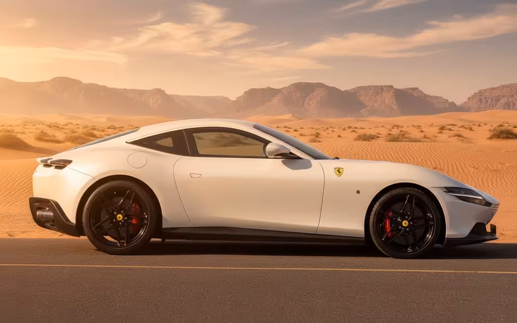 Ferrari Roma 2021 White side profile – rental in Dubai