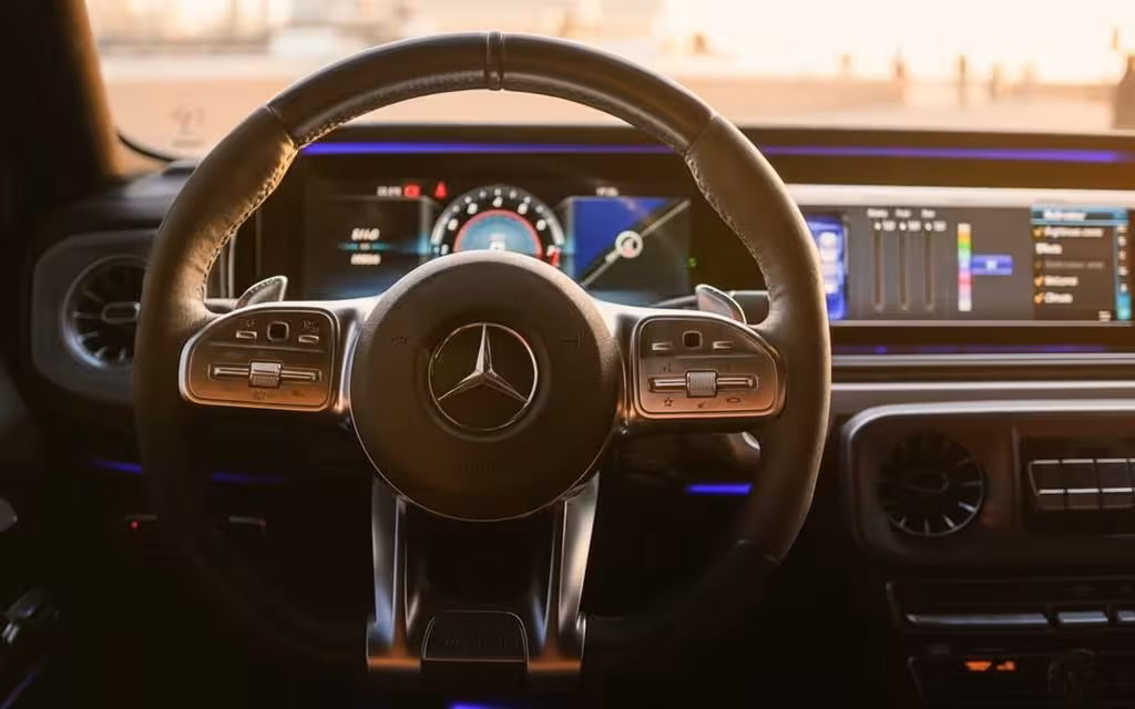 Mercedes G63 2024 interior view showing trim – rental in Dubai