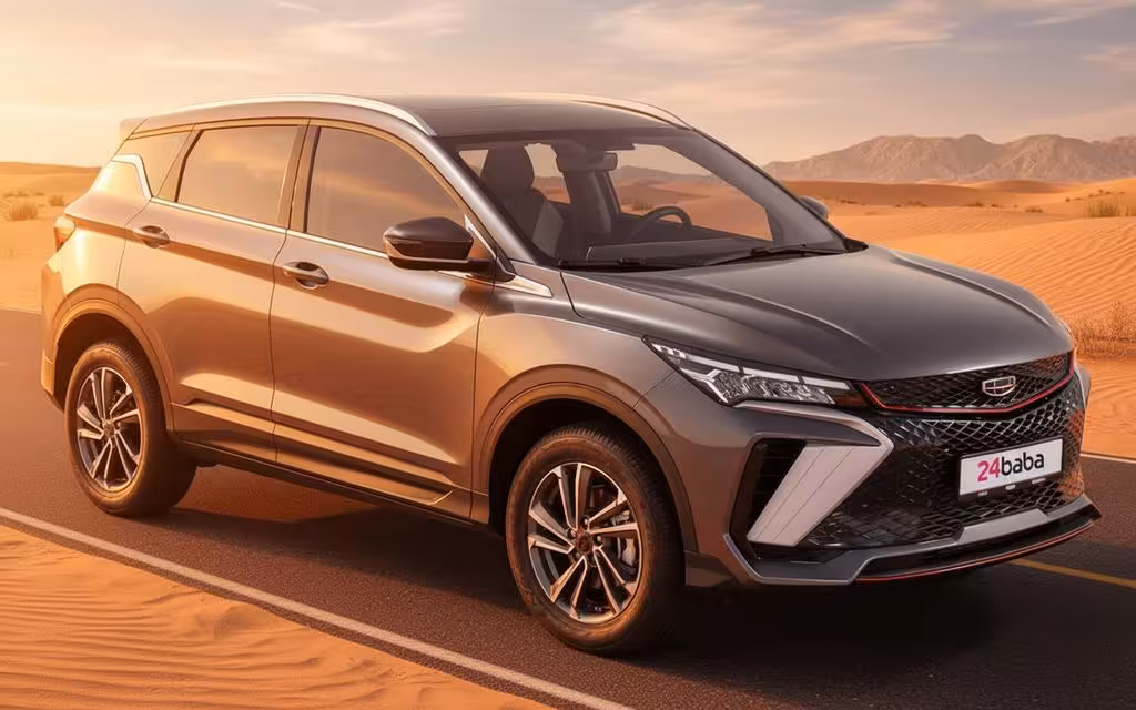 Geely Coolray 2025 Grey front view with headlights – rental in Dubai