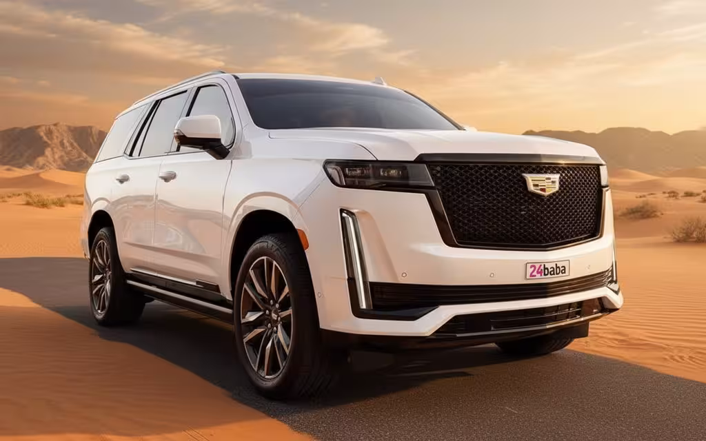 Cadillac Escalade 2023 White parked outdoor scene – rental in Dubai
