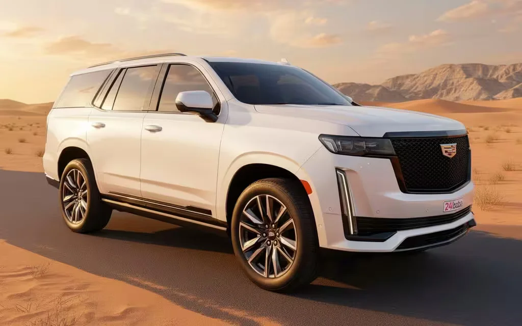 Cadillac Escalade 2023 White front view with headlights – rental in Dubai