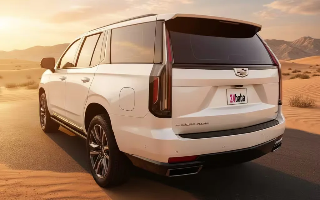 Cadillac Escalade 2023 White rear view showing taillights – rental in Dubai