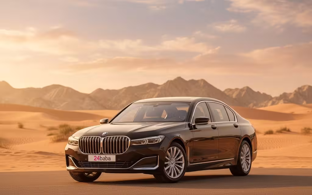 Bmw 730 2021 Black front view with headlights – rental in Dubai