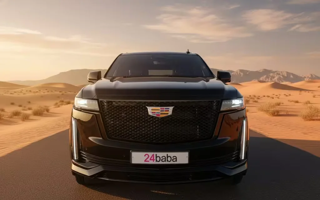 Cadillac Escalade 2022 Black front view with headlights – rental in Dubai