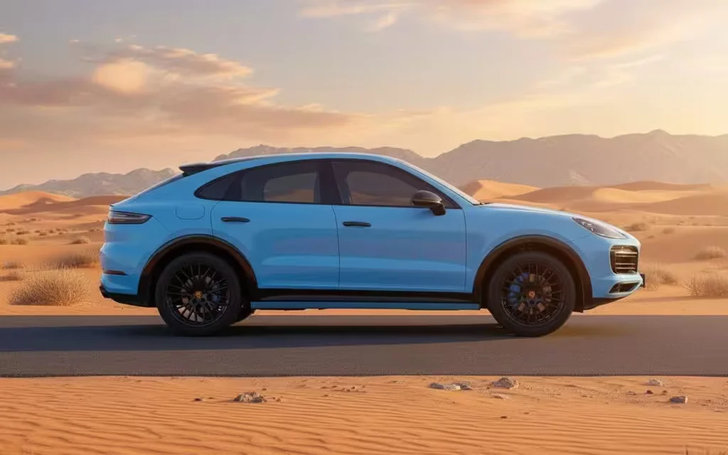 Porsche Cayenne 2023 Blue side profile – rental in Dubai