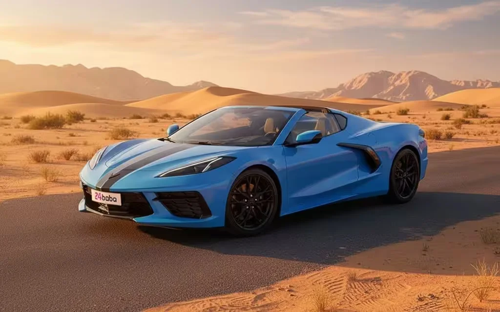 Chevrolet Corvette 2025 Blue front view with headlights – rental in Dubai
