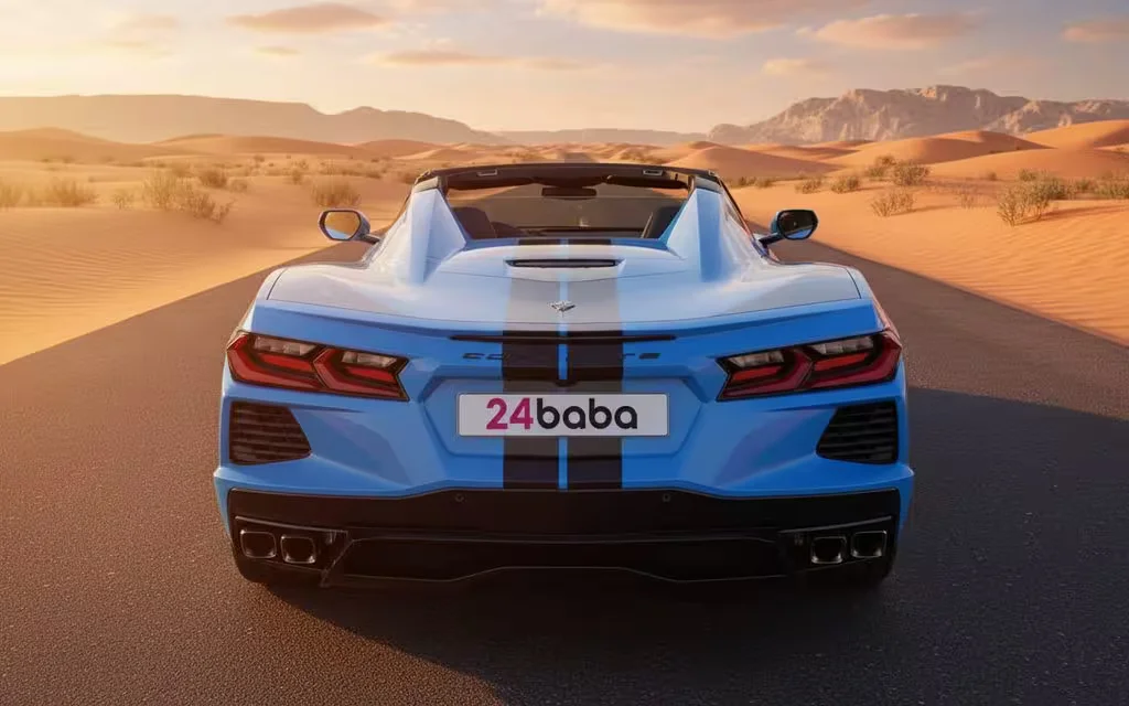 Chevrolet Corvette 2025 Blue rear view showing taillights – rental in Dubai