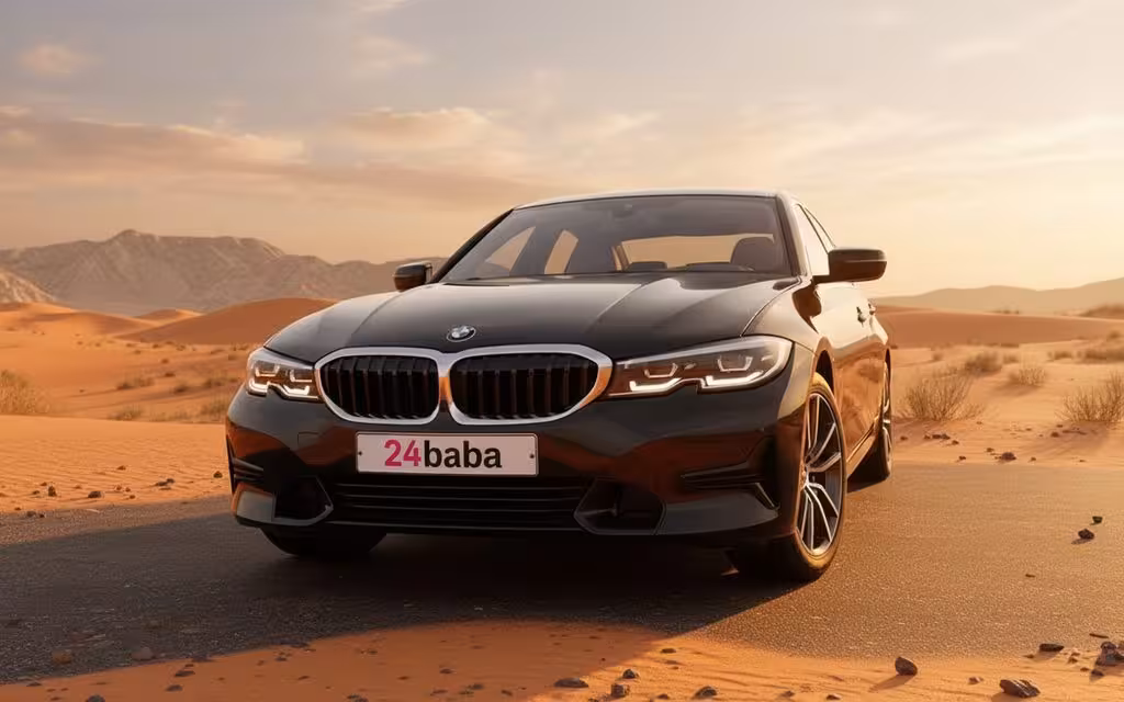 Bmw 330 2020 Black front view with headlights – rental in Dubai