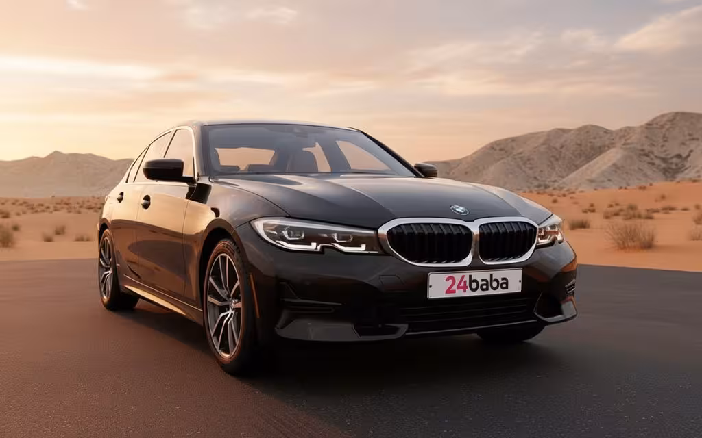 Bmw 330 2020 Black front view with headlights – rental in Dubai