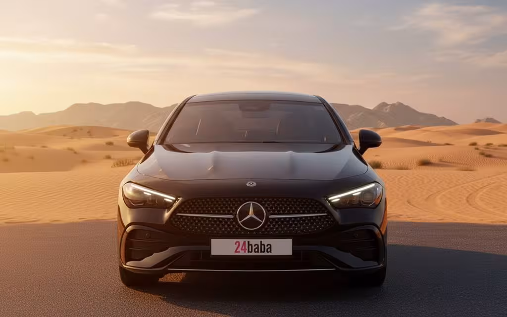 Mercedes Cle200 2024 Black front view with headlights – rental in Dubai