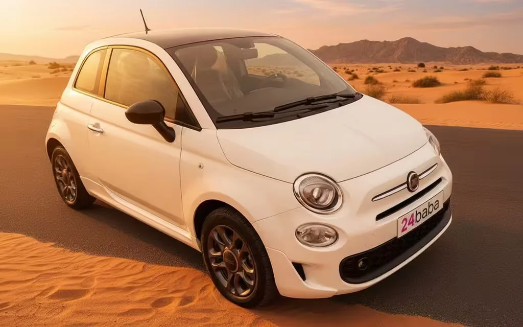Fiat 500 2022 White front view with headlights – rental in Dubai