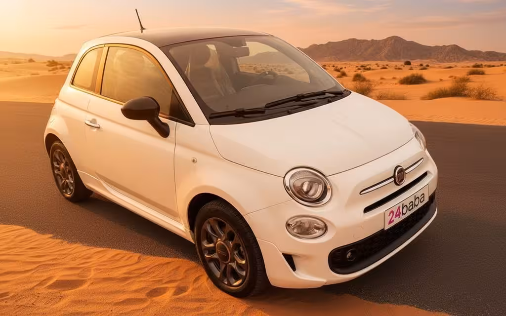 Fiat 500 2022 White front view with headlights – rental in Dubai