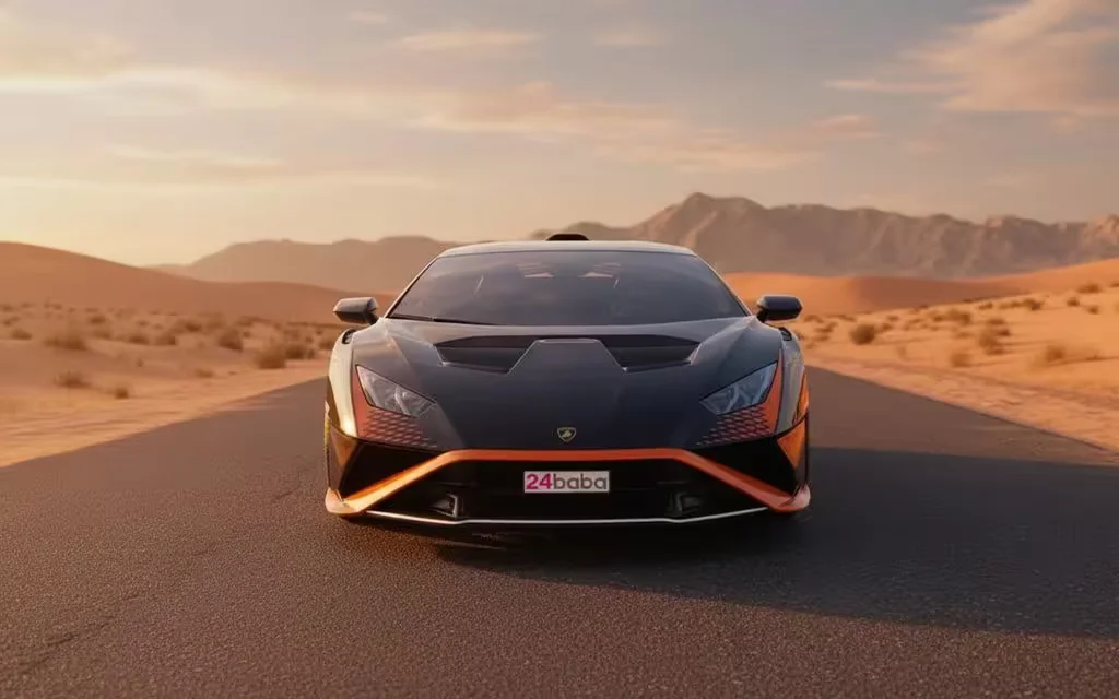 Lamborghini Huracan 2022 Black front view with headlights – rental in Dubai