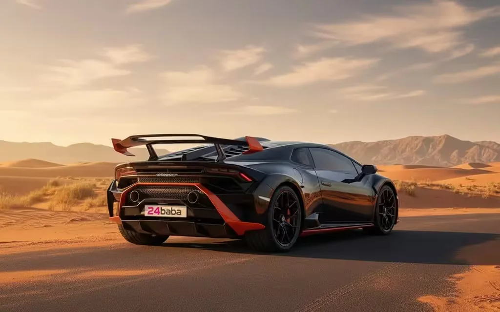 Lamborghini Huracan 2022 Black rear view showing taillights – rental in Dubai