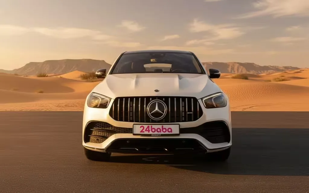 Mercedes Gle53 2021 White front view with headlights – rental in Dubai