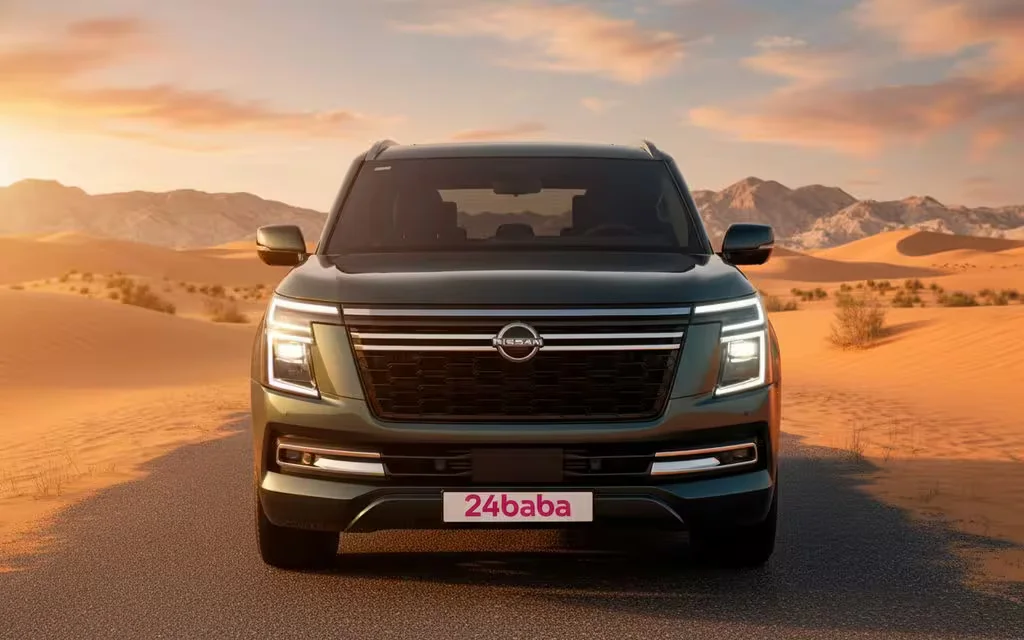 Nissan Patrol 2025 Green front view with headlights – rental in Dubai