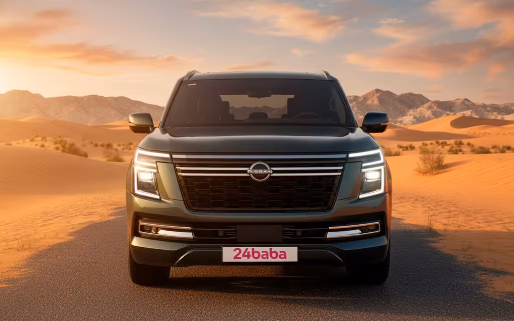 Nissan Patrol 2025 Green front view with headlights – rental in Dubai