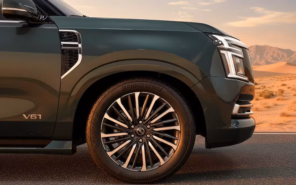 Nissan Patrol 2025 alloy wheel close up – rental in Dubai