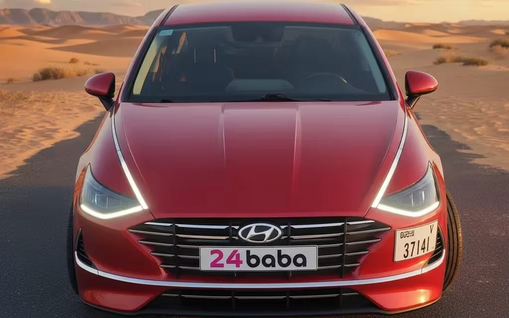 Hyundai Sonata 2021 Red front view with headlights – rental in Dubai