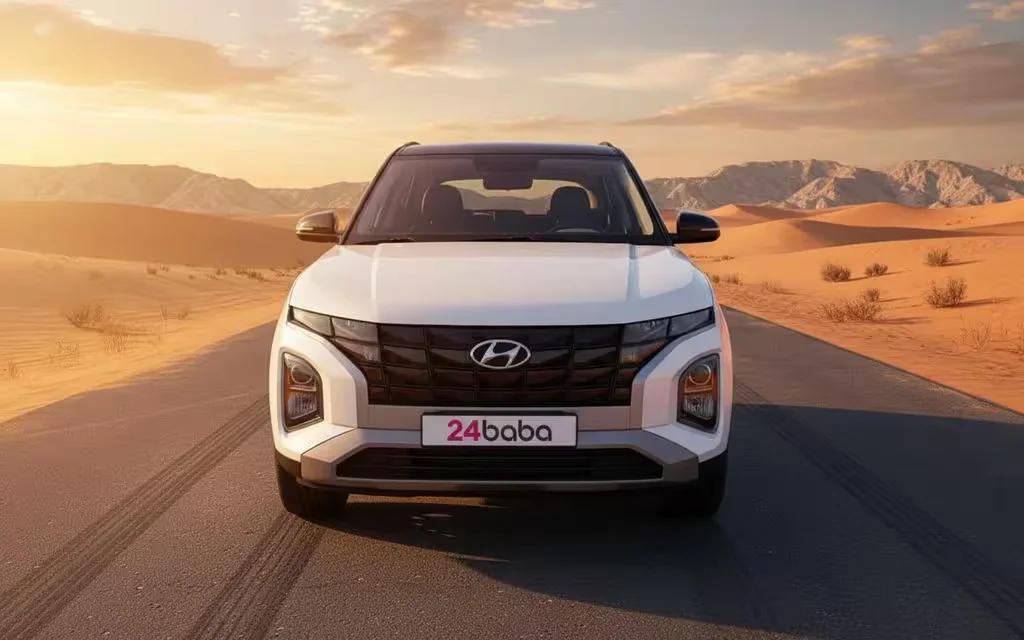 Hyundai Creta 2024 White front view with headlights – rental in Dubai