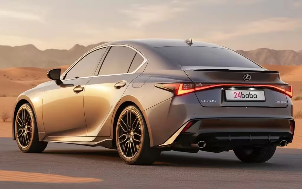 Lexus Is 2022 Grey rear view showing taillights – rental in Dubai