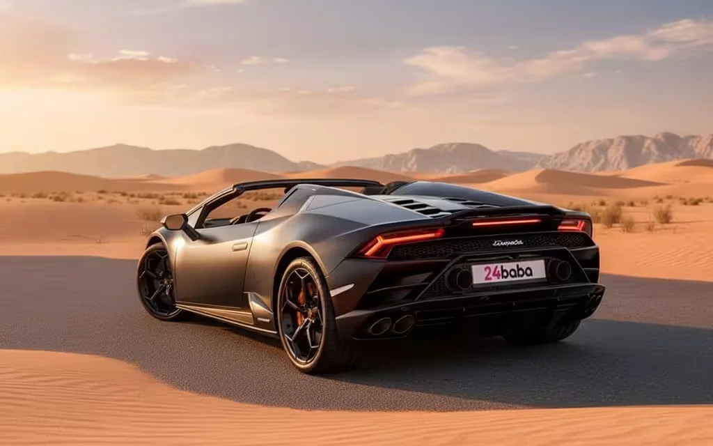 Lamborghini Huracan 2023 Black rear view showing taillights – rental in Dubai