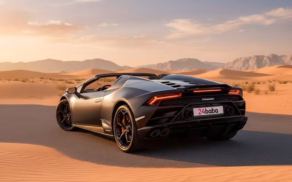 Lamborghini Huracan 2023 Black rear view showing taillights – rental in Dubai