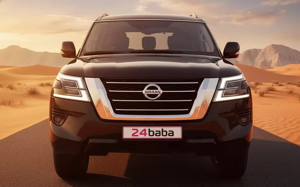 Nissan Patrol 2021 Black front view with headlights – rental in Dubai