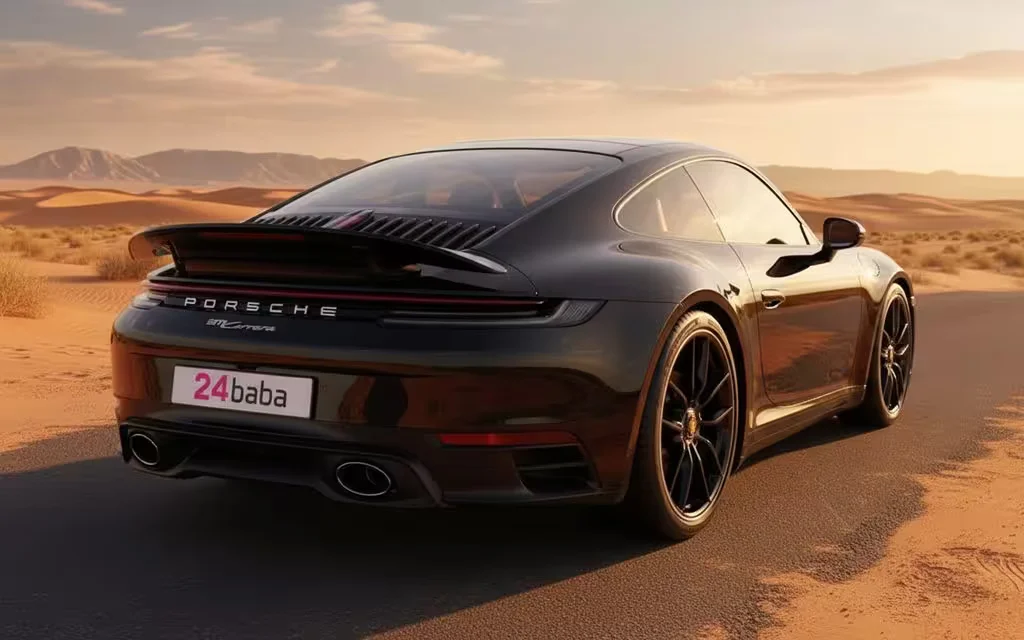 Porsche 911 2025 Black rear view showing taillights – rental in Dubai