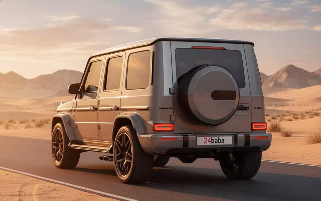 Mercedes G63 2024 Grey rear view showing taillights – rental in Dubai