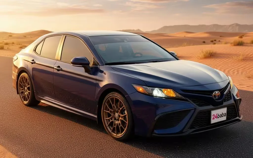 Toyota Camry 2023 Blue front view with headlights – rental in Dubai