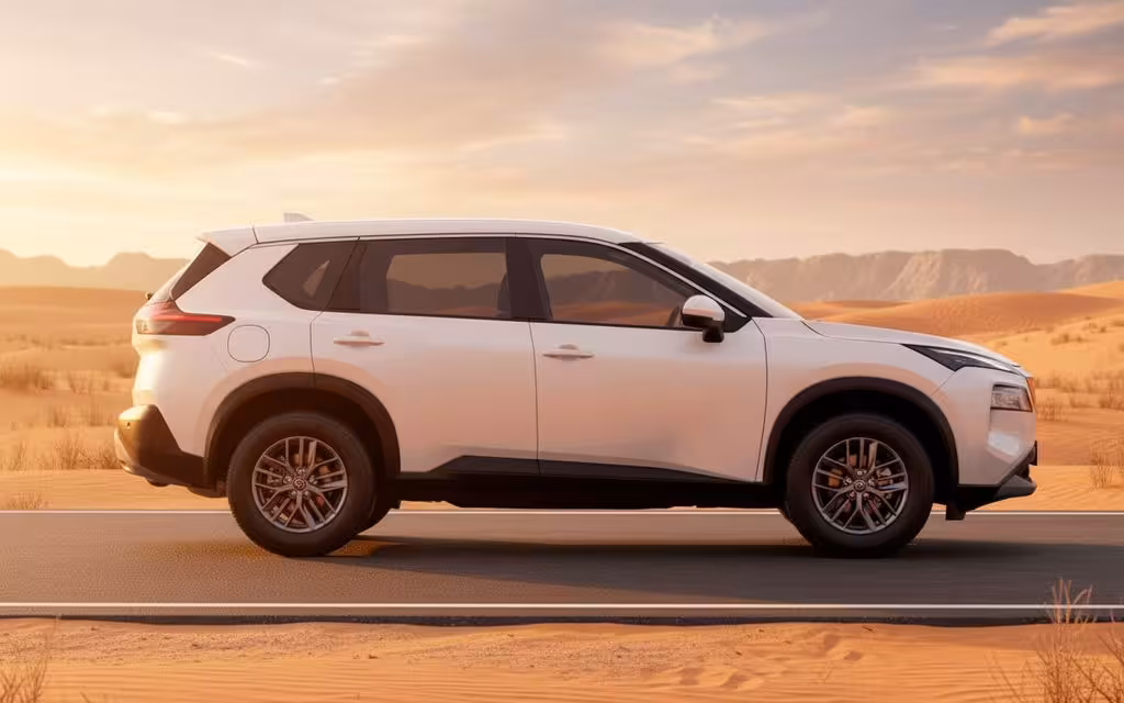 Nissan X Trail 2025 White side profile – rental in Dubai