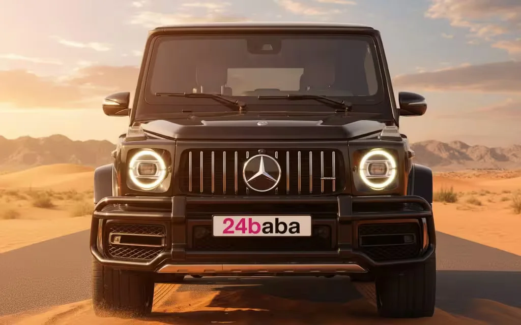 Mercedes G63 2020 Black front view with headlights – rental in Dubai