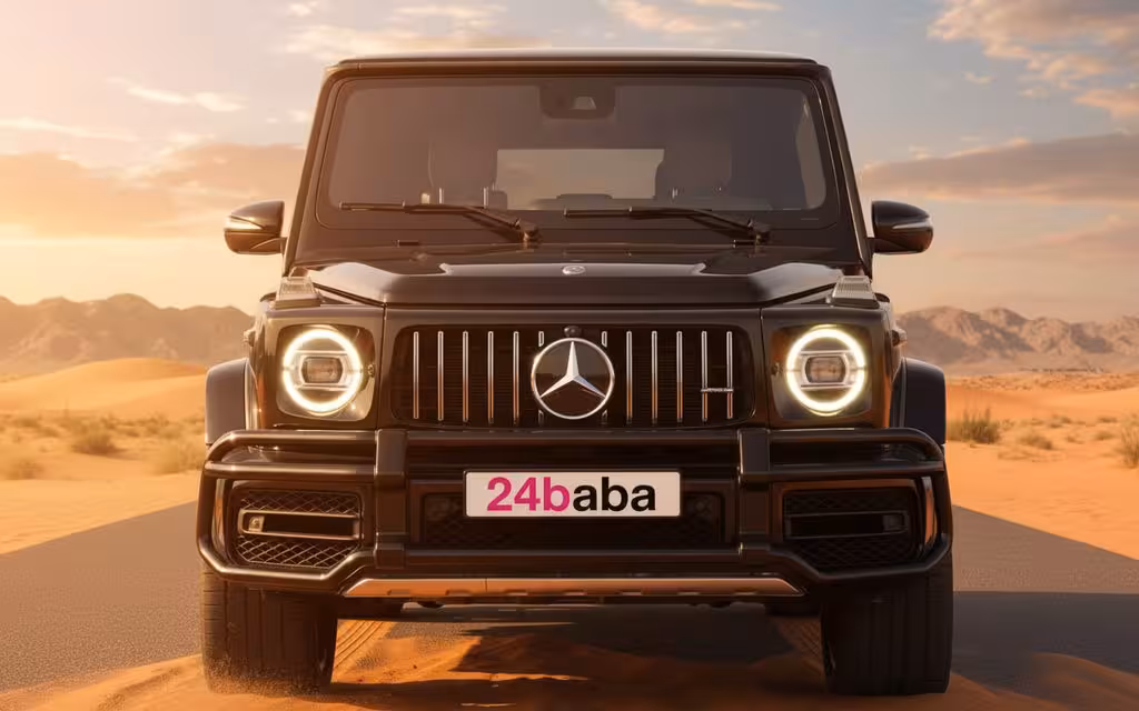 Mercedes G63 2020 Black front view with headlights – rental in Dubai