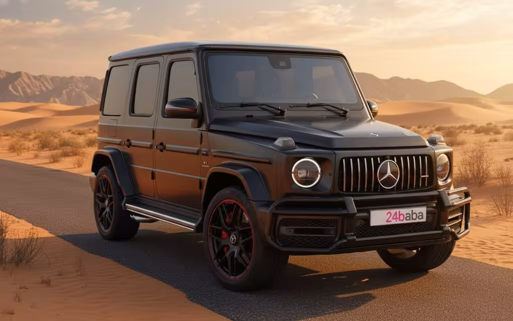 Mercedes G63 2021 Black front view with headlights – rental in Dubai