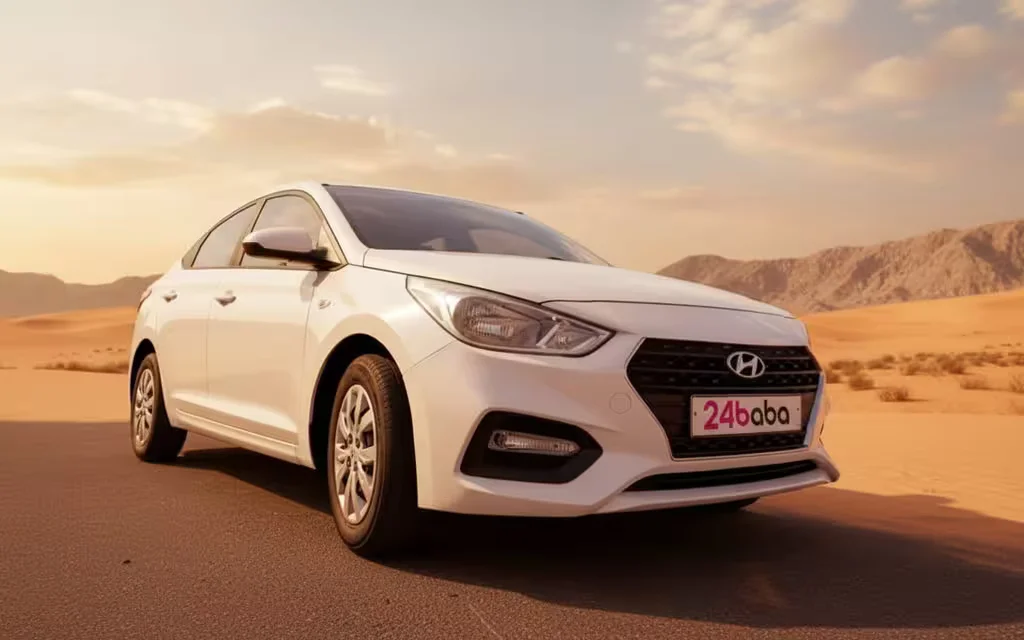 Hyundai Accent 2025 White front view with headlights – rental in Dubai