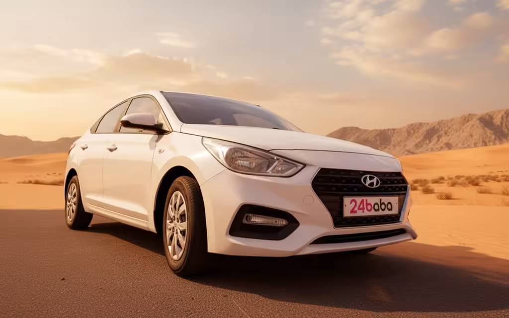 Hyundai Accent 2025 White front view with headlights – rental in Dubai