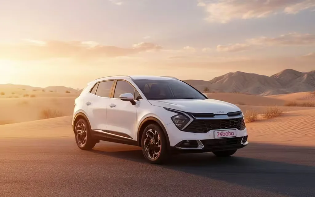 Kia Sportage 2023 White front view with headlights – rental in Dubai