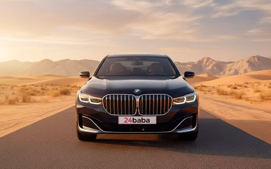 Bmw 730 2022 Blue front view with headlights – rental in Dubai