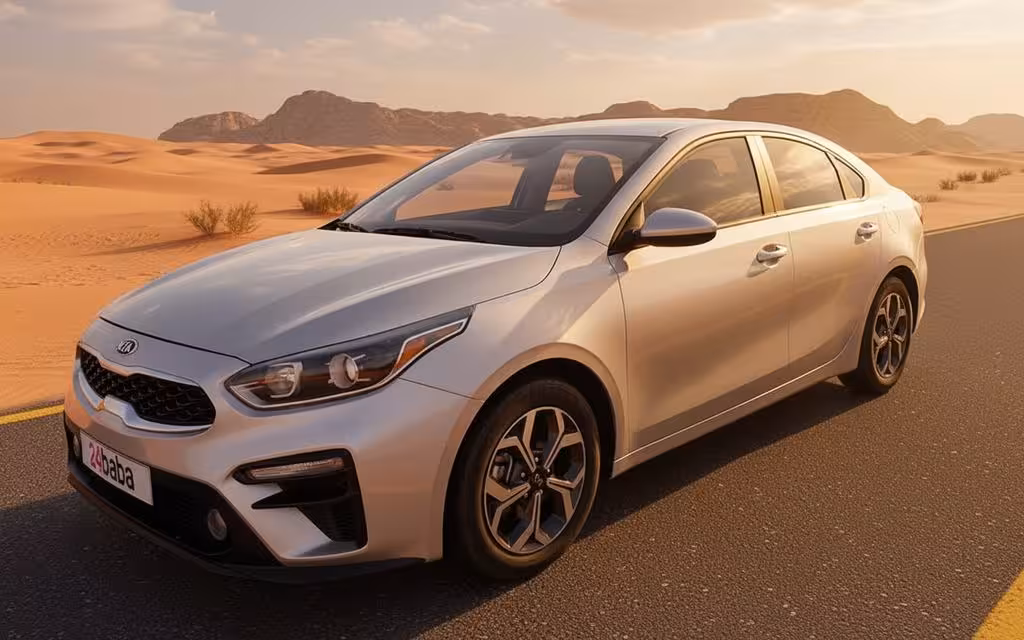 Kia Forte 2021 Grey front view with headlights – rental in Dubai