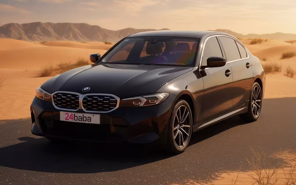 Bmw 330 2023 Black front view with headlights – rental in Dubai