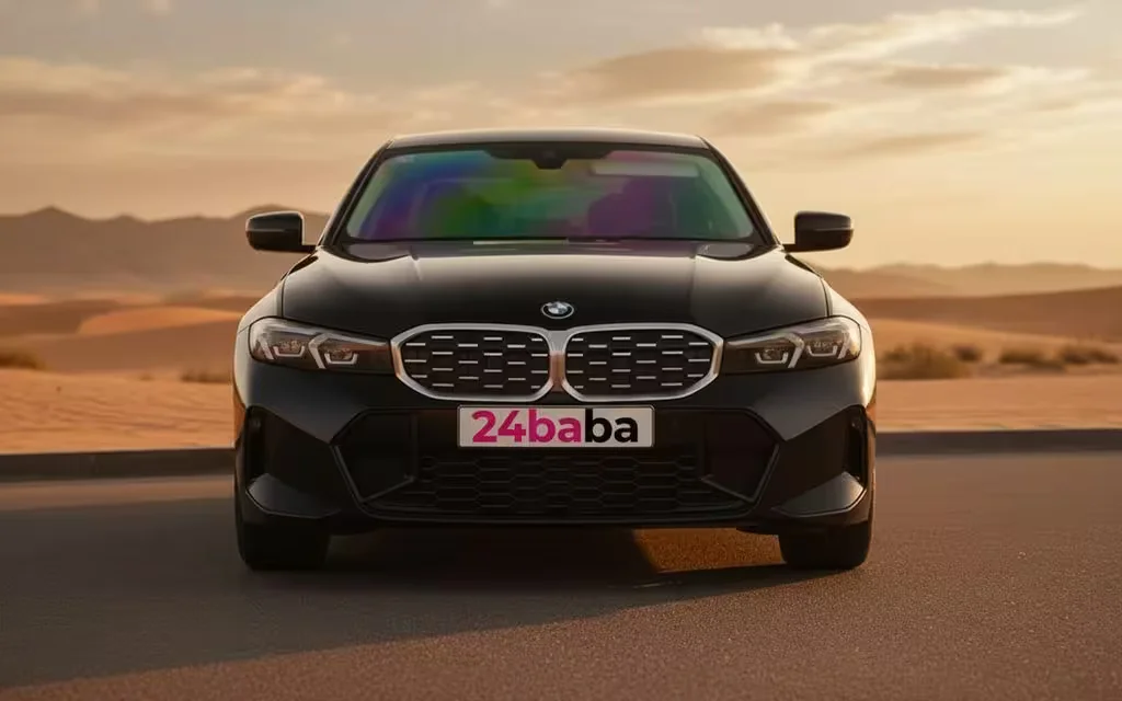 Bmw 330 2023 Black front view with headlights – rental in Dubai