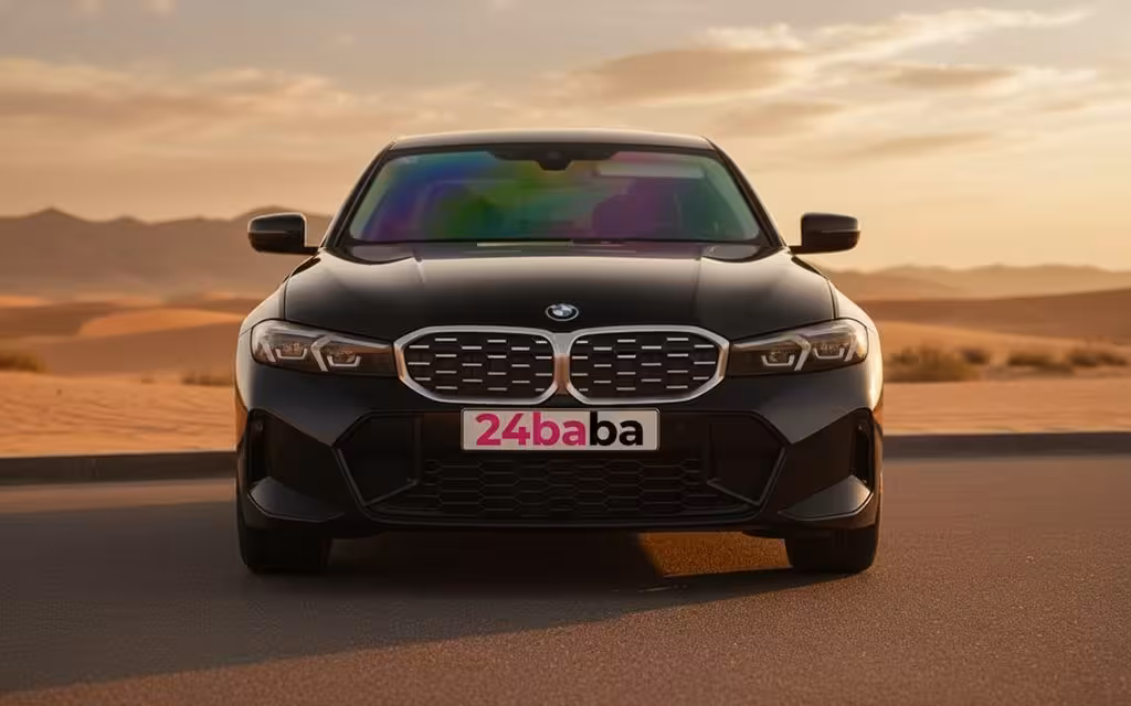 Bmw 330 2023 Black front view with headlights – rental in Dubai