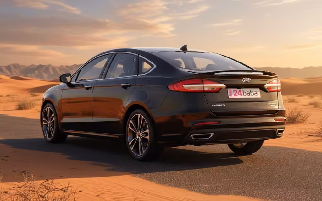 Ford Fusion 2021 Black rear view showing taillights – rental in Dubai