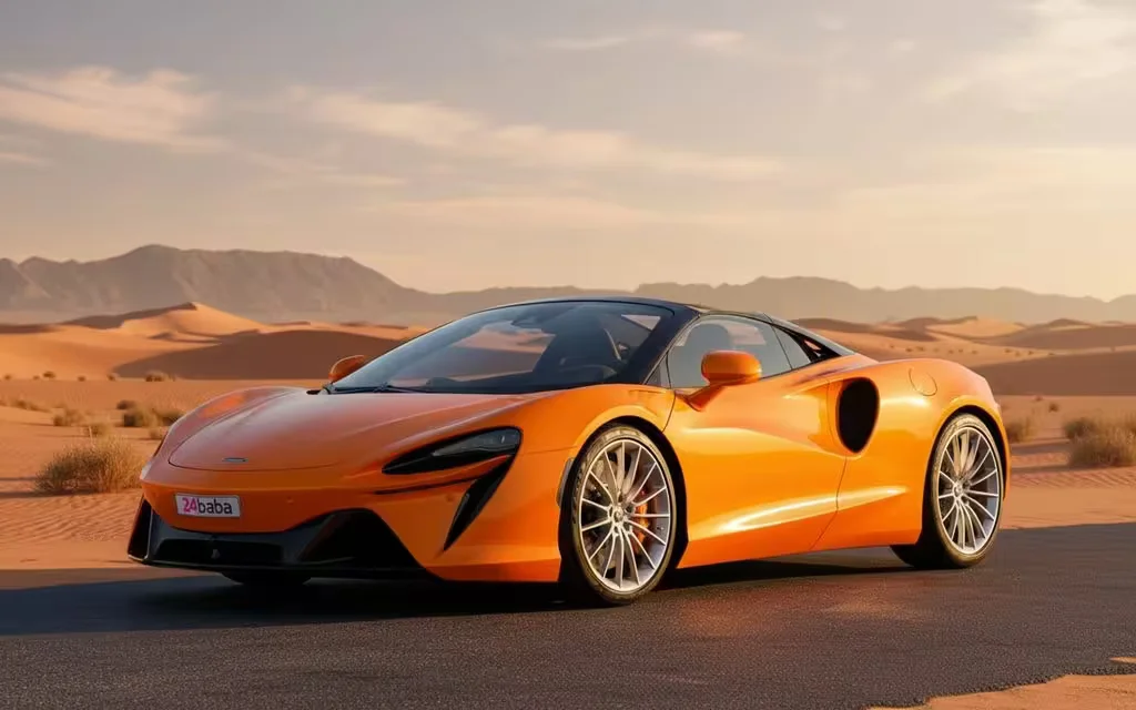 Mclaren Artura 2025 Orange front view with headlights – rental in Dubai