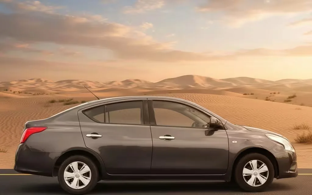 Nissan Sunny 2023 Grey side profile – rental in Dubai