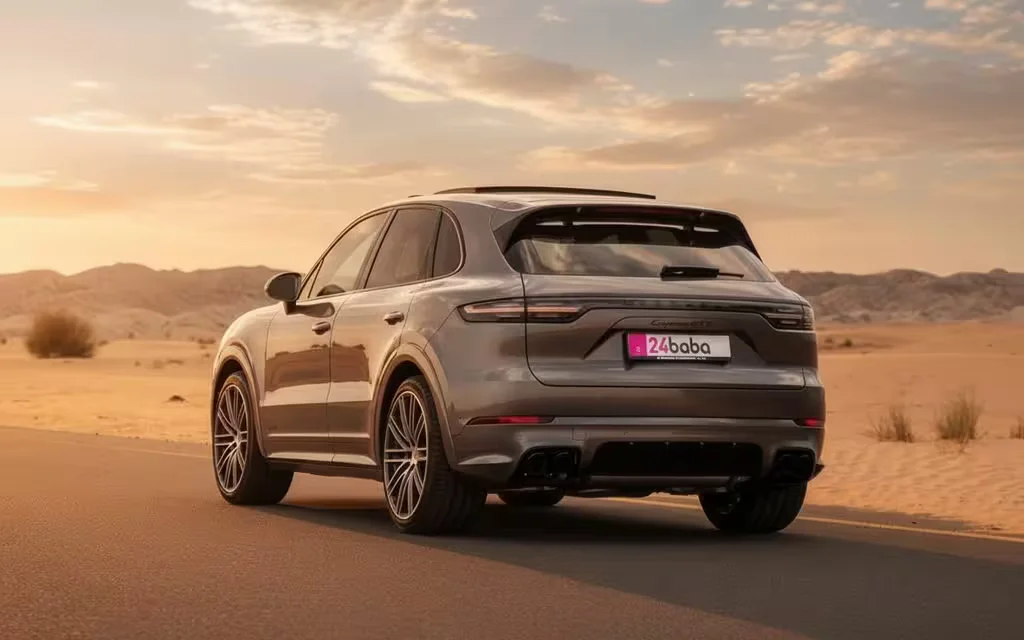 Porsche Cayenne 2023 Grey rear view showing taillights – rental in Dubai